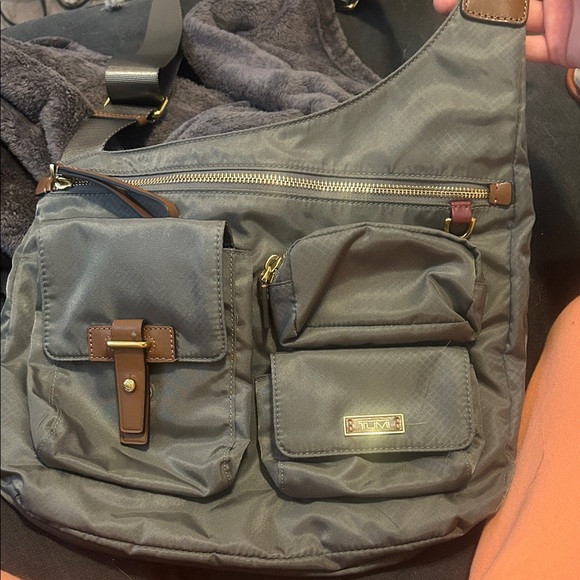 Tumi Handbags - Tumi Gray Nylon Multi-Pocket Messenger Bag with Leather Trim